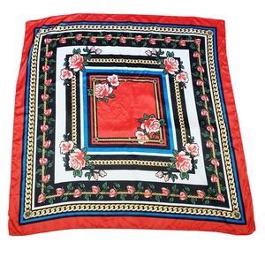 Vintage Silk Scarf Red Black Roses Chain Print Square Neck Scarf Accessory